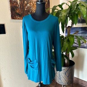 EUC LOGO By Lori Goldstein Teal Longline Chiffon Pocket Tunic Top SZ M